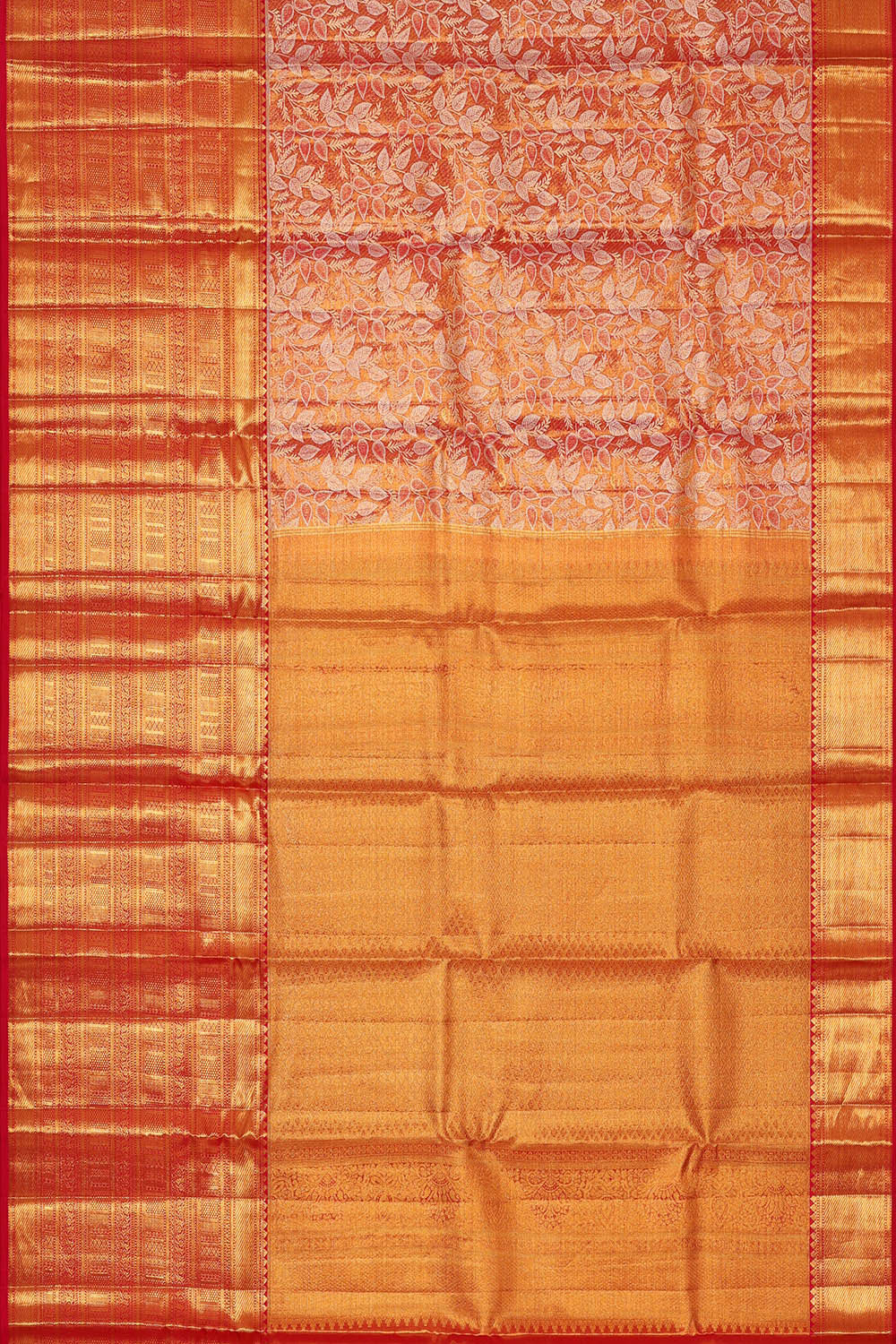 Image of Kanchipattu Golden Pinkish Red Tissue Brocade Saree
